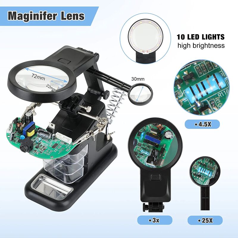 LED اليد المساعدة للتلحيم بعدسة مكبرة وإضاءة .